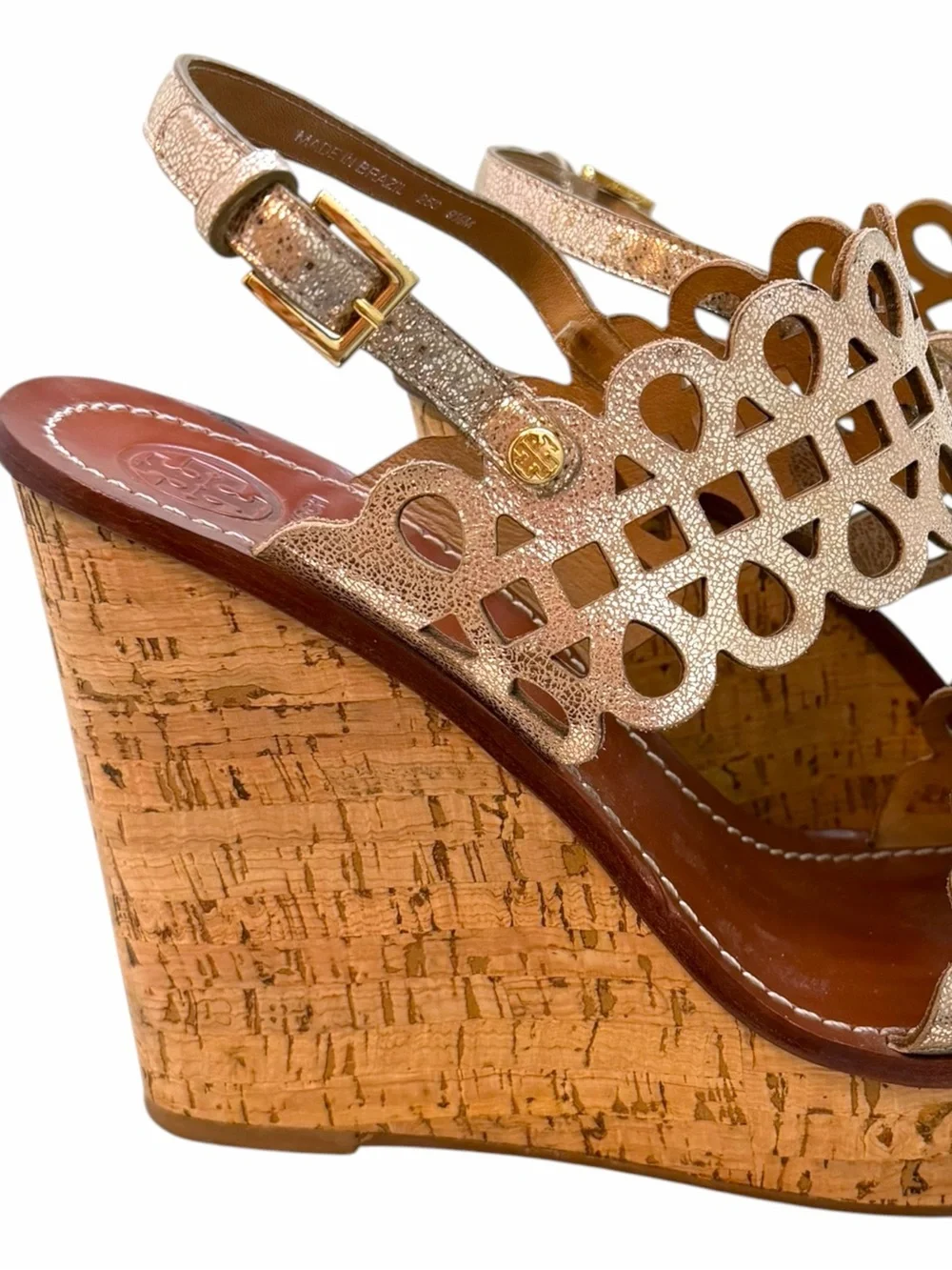 Tory Burch Nori Scalloped Cutout Gold Metallic Platform Wedge Slingback Heels